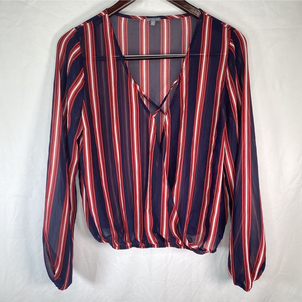 CHARLOTTE RUSSE Red Blue Striped Career Corporate Large Blouse Long Sleeve Top
